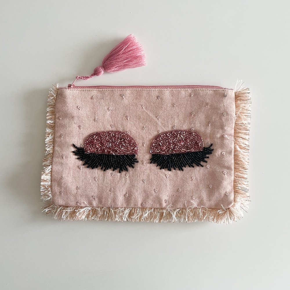 Pink Boho Embroidered Beaded Eye Zippered Makeup Pouch/Purse/Clutch Tassels